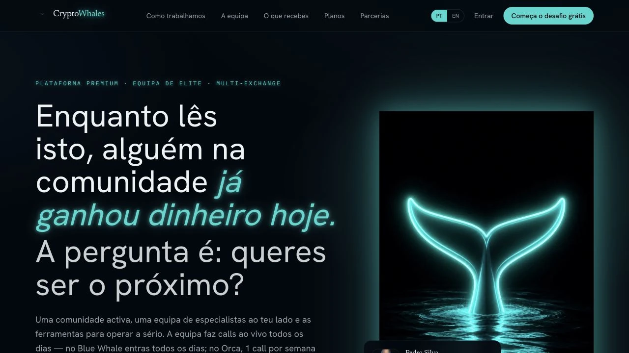 Captura real da página inicial de CryptoWhales, fornecida por Pedro